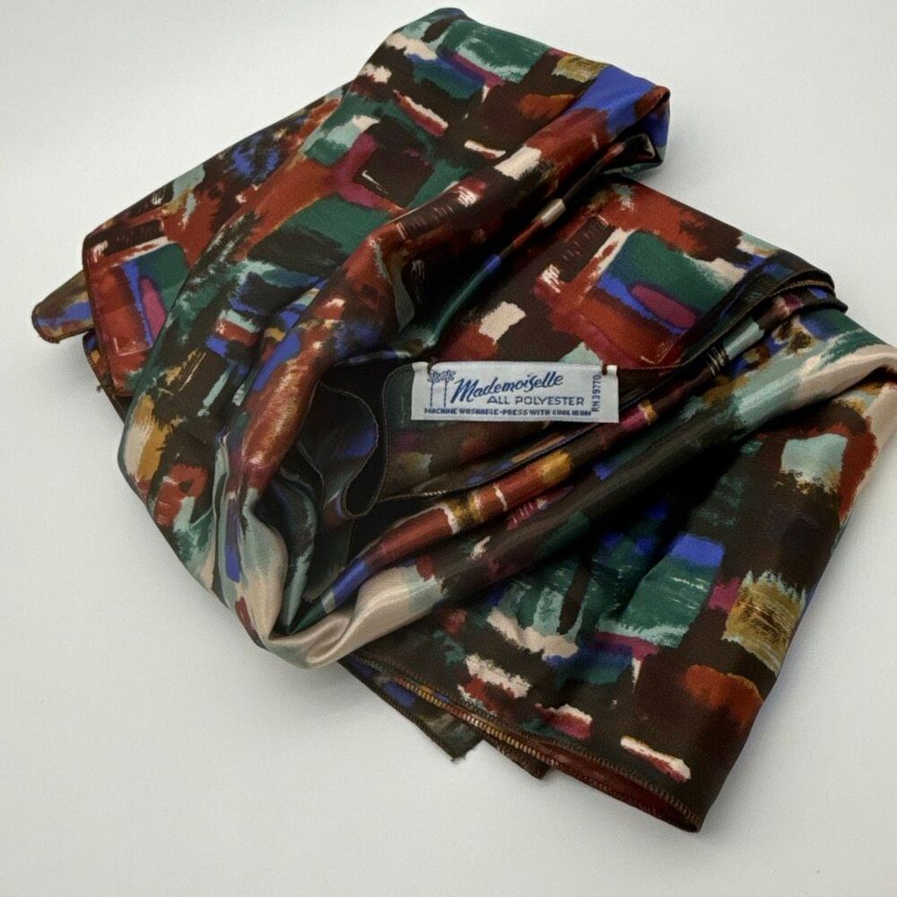 Vintage 80s Mademoiselle Large Square Satin Scarf 31x30 Abstract Green Red Cobal